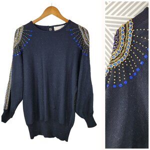 Vintage 80/90s Sweater Size Medium Metallic Embroidered Floral Beaded Granny